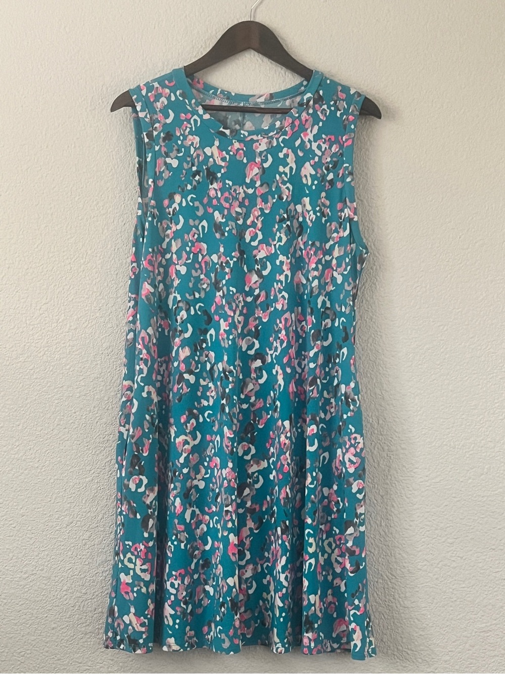 Teal Pink Abstract Print Sleeveless Swing Dress M Pockets